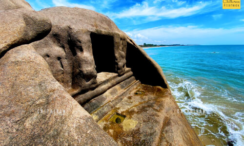 Mahisha and cave, North of Shore temple, Mamallapuram