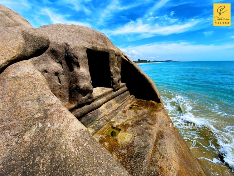 Mahisha and cave, North of Shore temple, Mamallapuram