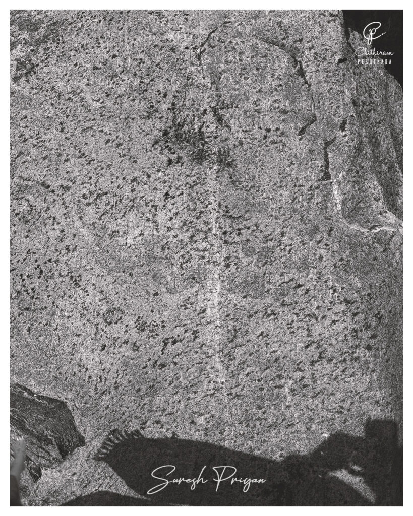 Weathered Tamil verse inscription of Pallavandar, son of Kudal Alappirandhan Kadavarayar, engraved on a white granite rock inside Orathi Kalleri, Chengalpattu, Tamil Nadu.